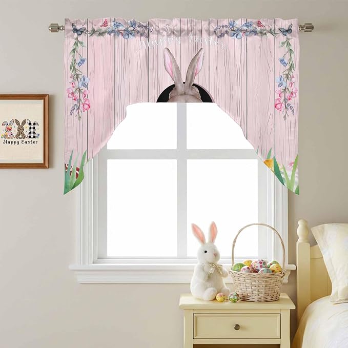 Swag Valance Curtains, Easter Cute Rabbit and Colorful Eggs Rod Pocket Valances - Image 8