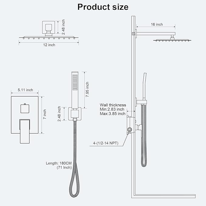 Shower Faucet Set Bathroom Square Rain Shower Head and Handle Set, Wall Mounted Shower Fixtures, Full Metal Trim Repair Kit 12 inch Brushed Nickel (With Shower Valve)
