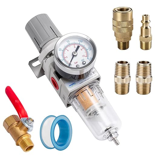 NANPU 1/4" NPT Compressed Air Filter Regulator Combo Piggyback, 5 Micron Brass by NANPU