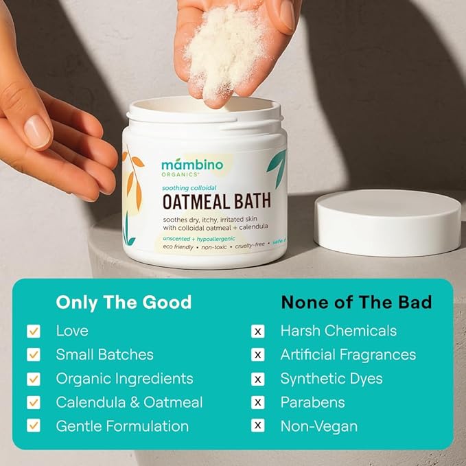 Mambino Organics Soothing Colloidal Oatmeal Bath Soak Powder, for Newborn, Kids, Moms with Dry, Sensitive Skin, Unscented Baby Wash with Calendula for Baby Bath, Vegan, Non-GMO, 6oz 3-Pack