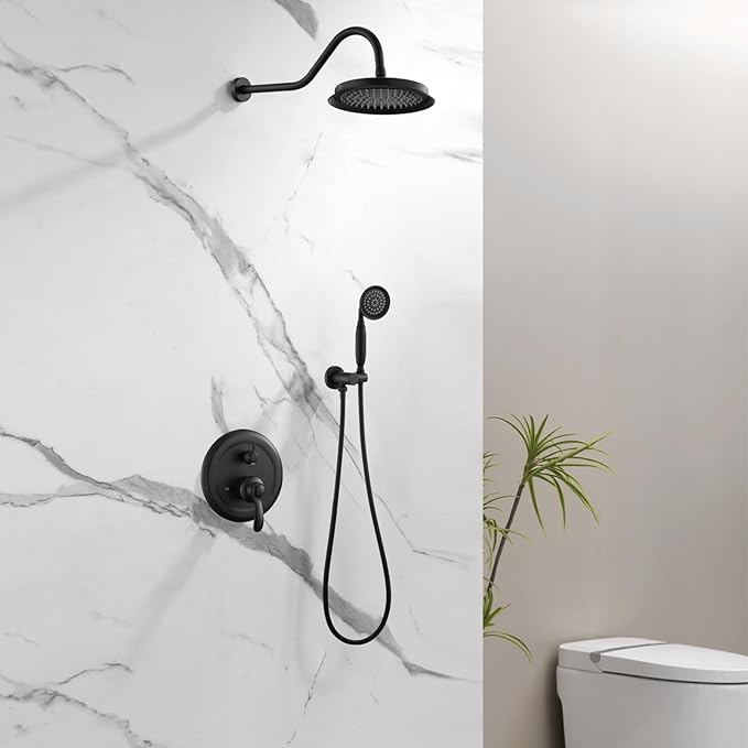 Antique Shower Head Faucet Set,Matte Black Vintage Wall Mount Shower Faucets Combo With Handheld Spray,Bathroom Rainfall Shower System Trim Kit With Brass Pressure Balance Valve & 9''Shower Head