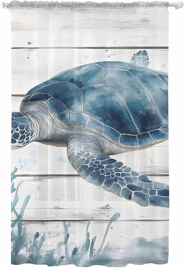 Sheer Curtains 96 Inches Long, Ocean Sea Turtle Semi Sheer Curtains Light by Unknown