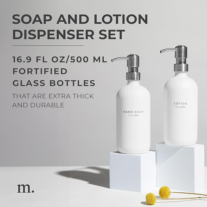 MaisoNovo Soap Dispenser 2-Piece Set | 16.9oz White Bottles with Silver Stainless Steel Pumps