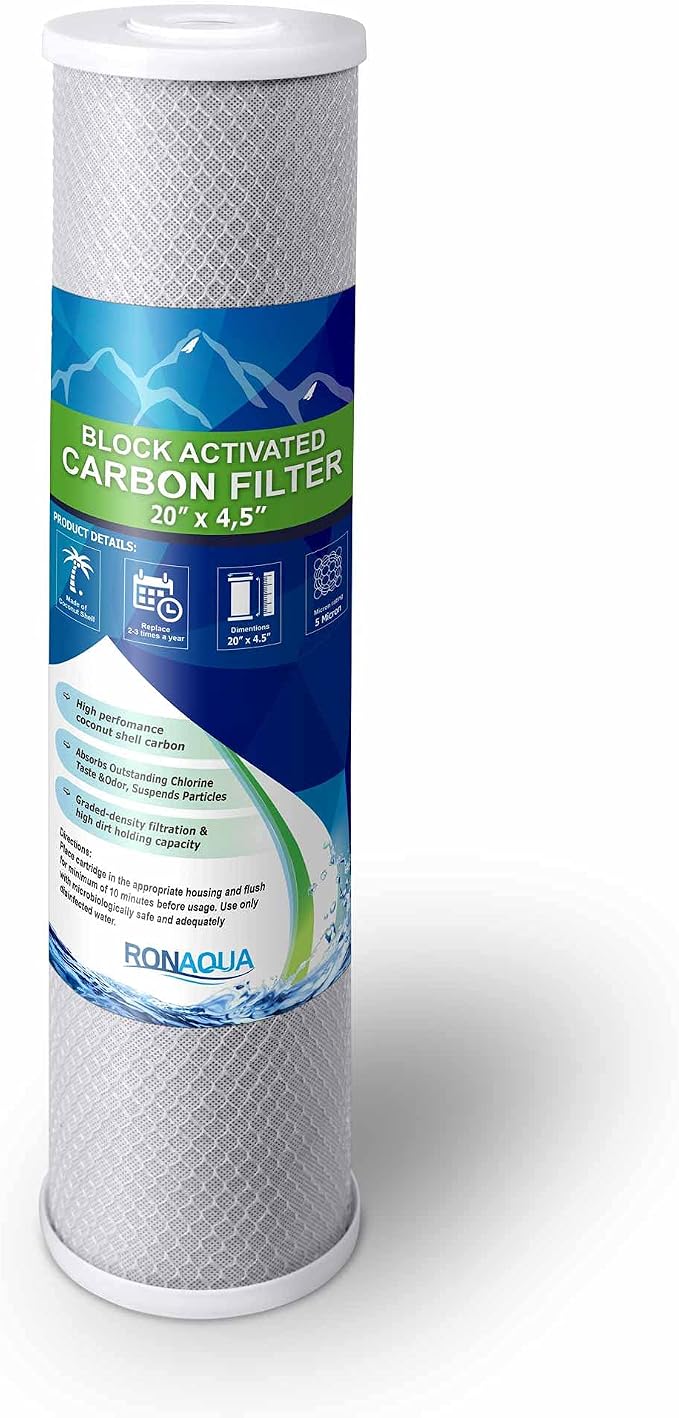 High Capacity Coconut Shell Carbon Block Water Filter 5 Micron Cartridge 4.5" x by Ronaqua