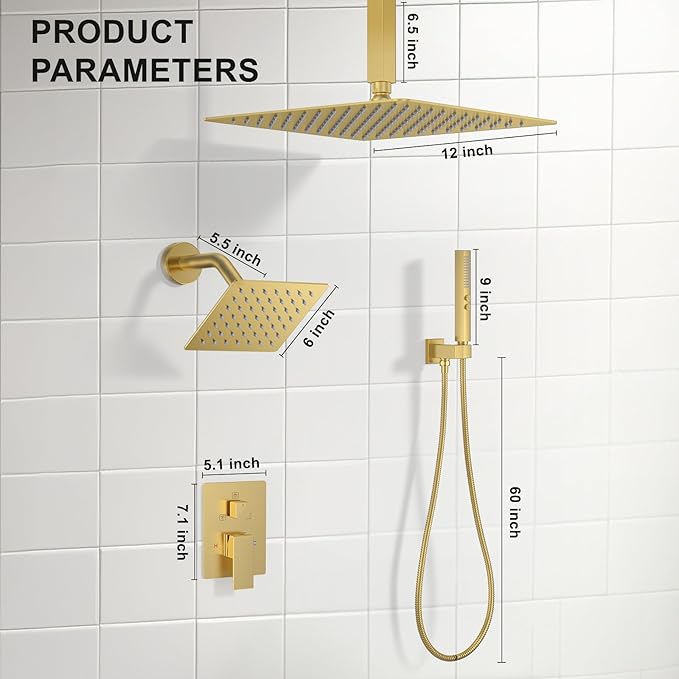 Shower Faucet Set, Ceiling Mount Rainfall Shower Head System 12" + 6" Dual Rain Shower Head Sets with 2 in 1 Handheld Spray for Bathroom with Rough-in Valve and Shower Trim Kit, Brushed Gold