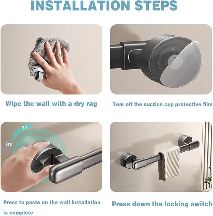Suction Cup Grab bar for Shower，Suction Grab Bars for Showers，Bathroom Shower Grab Bar, Suction Cup Mount, Removable Shower Grab Bar, Gray, 2PCS