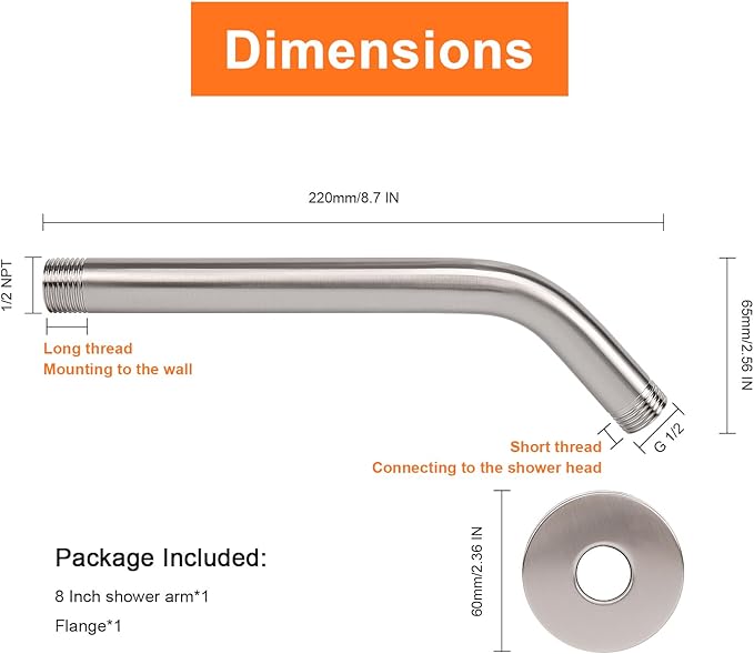HarJue Shower Arm with Flange and Teflon Tape, Wall Mounted Shower Pipe 304 Stainless Steel Extension Arm for Fixed Shower Head & Handheld (8 Inch, Brushed Nickel)