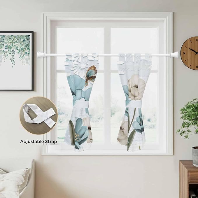 Blue Tulips Kitchen Curtains 45 Inch Length, Short Cafe Window Curtains Tab Top - Image 5