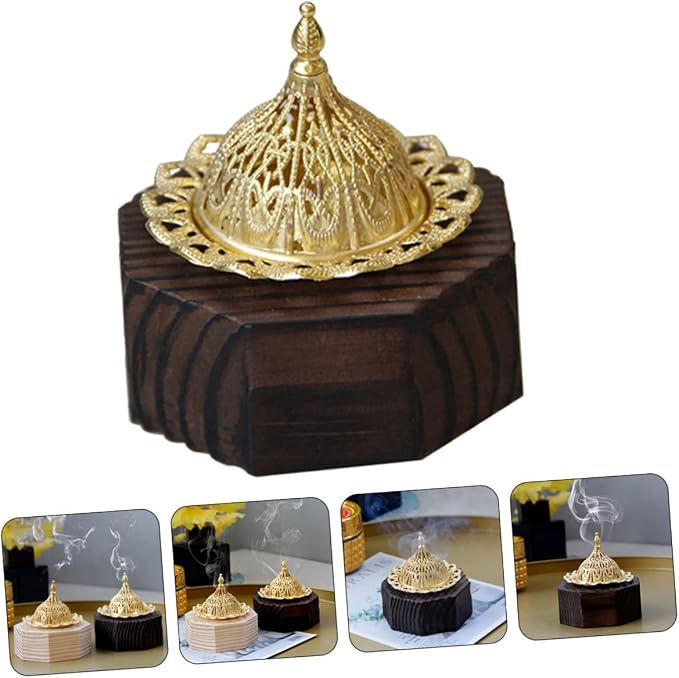 Cabilock Desktop Incense Burner Black Wooden Censer Metal Trim Octagonal Design - Image 4