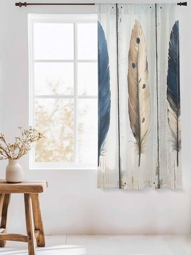 Sheer Curtains 63 Inch Length, Farmhouse Feather Semi Sheer Curtains Light - Image 3