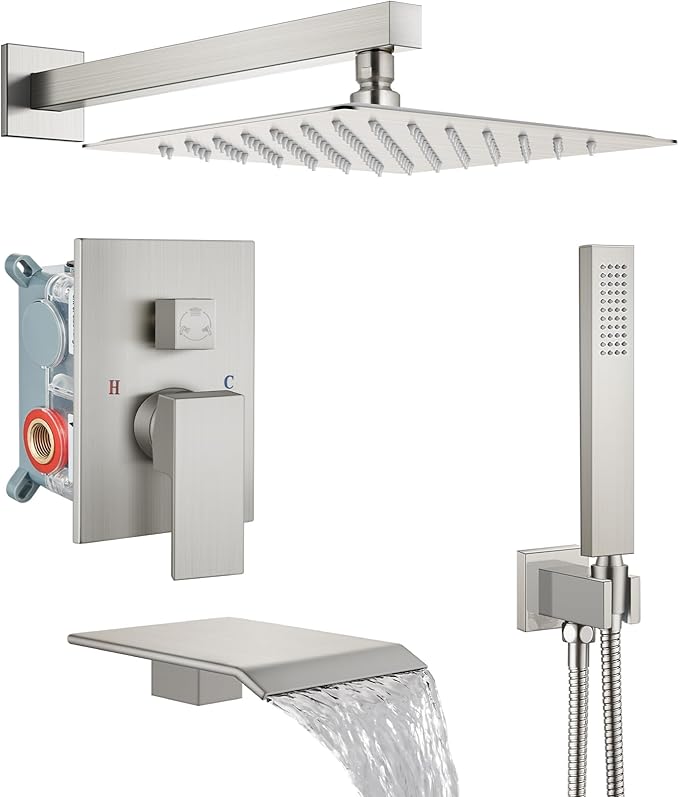 Midanya Rain Shower System with Tub Spout,Tub Shower Faucet Set with rainfall Shower Head and Handheld Spray,Wall Mount Tub Shower Combo Rough-in Valve Included,8 Inch Brushed Nickel