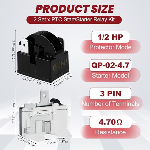 3-Pin PTC Relay and Overload Kit 2 Sets Refrigerator Starter/Start QP2-4R7 4.7 - Image 2