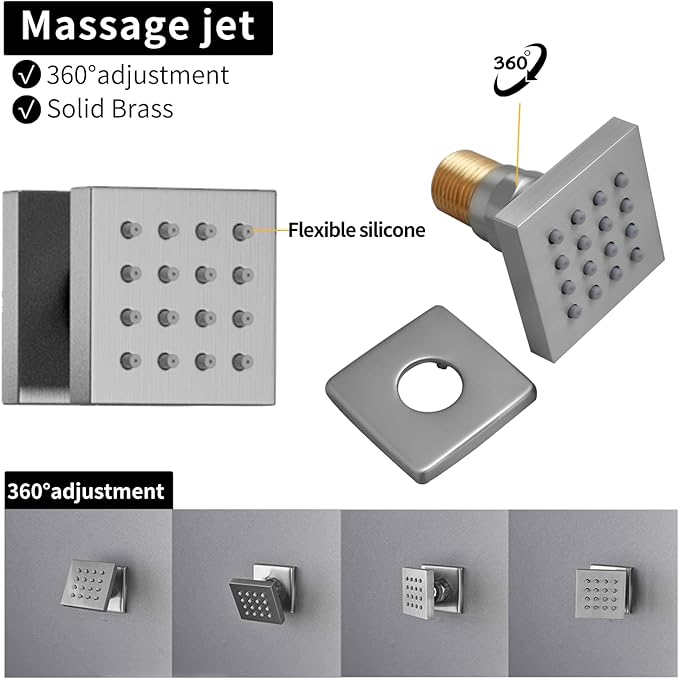 Bathroom Rainfall Shower System Wall Mount 8 Inch Shower Head With Handled Spray 6 Pcs jets Temperature Display Shower Faucet Set (Brushed Nickel)