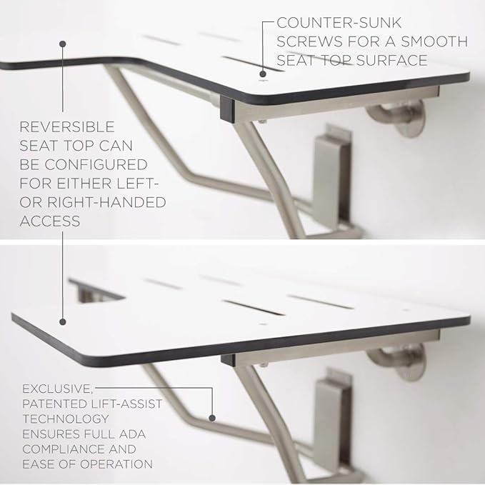 Seachrome 26" x 22.5" Lift-Assist ADA L-Shaped Reversible Bathroom Shower Bath Transfer Seat, Folding Wall-Mounted White Phenolic Seat