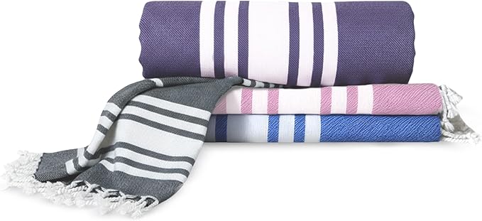 Turkish Cotton Beach Towel Pack of 4 & 1 Boho Tote Bag - Hammam Towels - No Shrink - Quick Dry - Lightweight - Sand Free - Camping - Pool - Beach Essentials - Blue,Gray,Purple, Coral (40"x70")