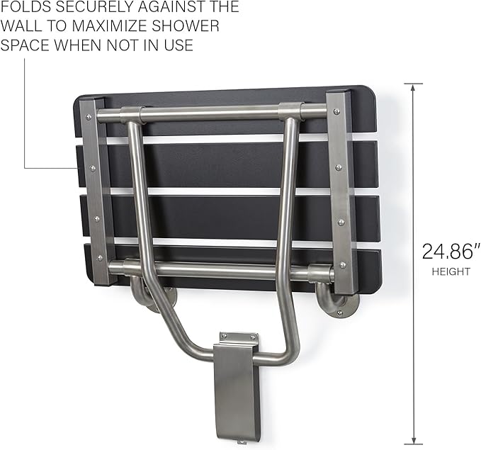 32-inch x 15-inch ADA Folding Wall Mount Bathroom Shower Seat Bench, Black Slatted Phenolic Seat