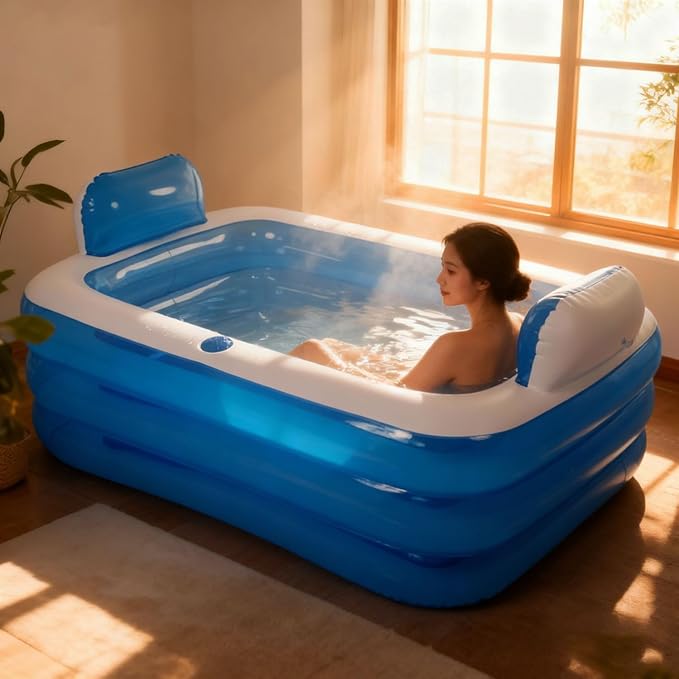 Double Inflatable Bathtub with Electric Air Pump and Bath Pillow Headrest, Portable Blow Up Bath Tub for Adults, Outdoor & Indoor Freestanding Foldable Spa Tub with Drainage Cup Holder