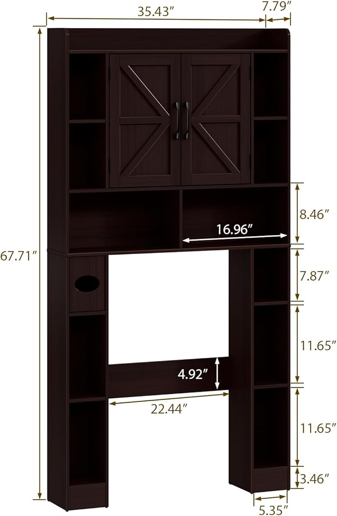 Farmhouse Storage Cabinet Over Toilet with Barn Doors，Over The Toilet Storage Cabinet, Home Space-Saving Toilet Rack, for Bathroom, Restroom, Laundry.Espresso