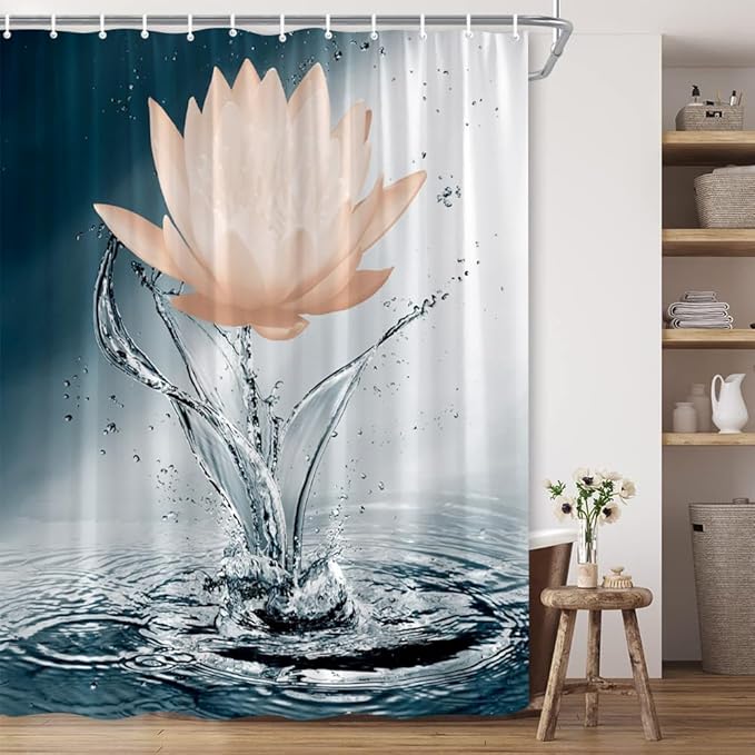 Lotus Shower Curtain Black White Blue Orange Flower Elegant Blooming Floral with Dew Spring Flower Reflection on Water Modern Romantic Polyester Fabric Bathroom Decor 70×96 Inch with Hook