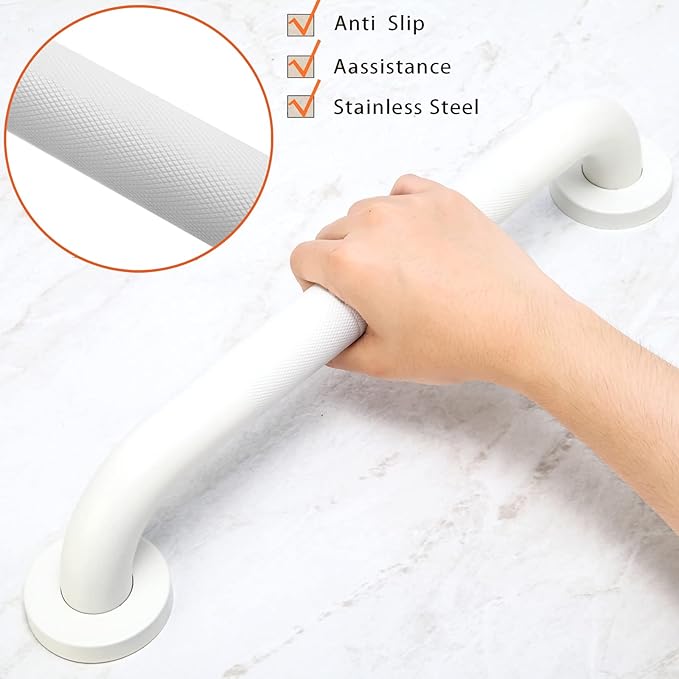 Shower Grab Bar, 2 Pack 12 Inch White Bathroom Grab Bar, 1.25" Diameter 304 Stainless Steel Anti-Slip Grab Bars for Bathtubs and Showers, Handicap Shower Grab Bar for Seniors Elderly