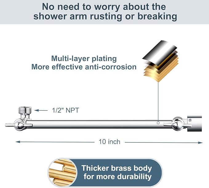 BRIGHT SHOWERS Brass Shower Head Extension Arm for Rain and Handheld Shower Head, 10 Inch Universal Shower Arm Extender, Height & Angle Adjustable, Chrome