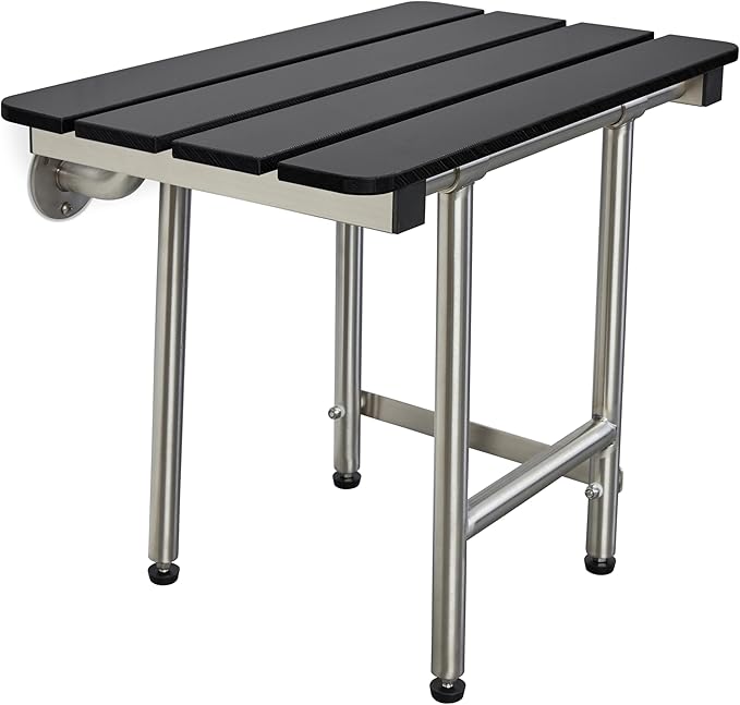 22-inch x 15-inch ADA Bariatric Folding Wall Mount Bench Shower Seat with Legs, Black Slatted Phenolic Seat