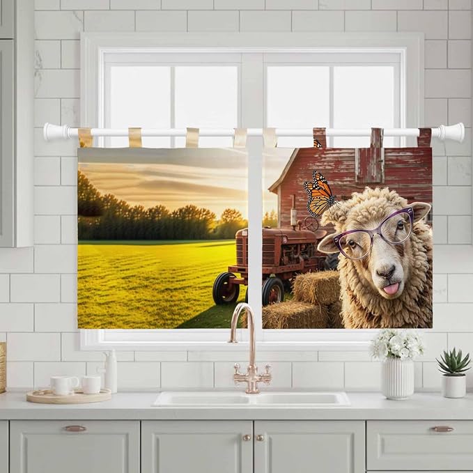 Farm Sheep Kitchen Curtains 24 Inch Length, Small Window Curtains Tab Top - Image 3