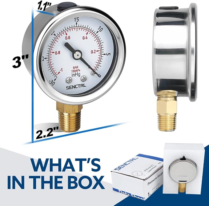 SENCTRL 30inHg Vacuum Pressure Gauge, 1/4 NPT Lower Mount, Waterproof, - Image 6