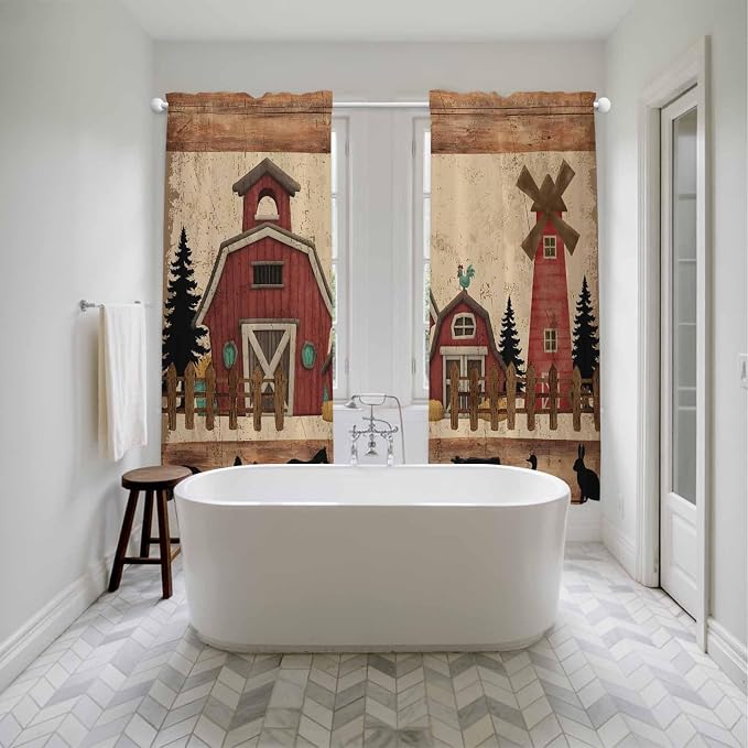 Brown Farmhouse Kitchen Curtains, Vintage Country Animals Wooden Grain Light - Image 5