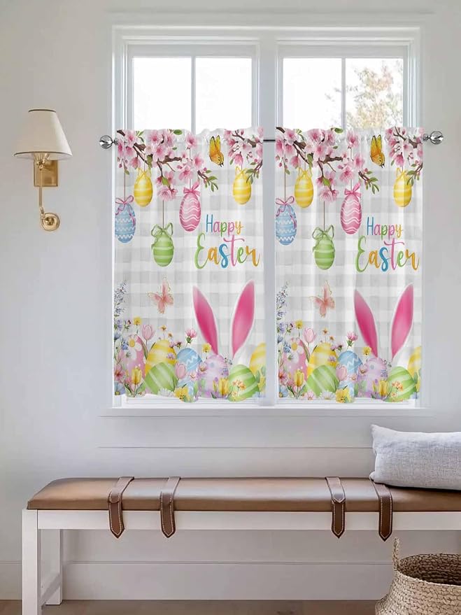 Happy Easter Tier Curtains 45 Inches Long, Spring Watercolor Bunny Eggs Flower - Image 4
