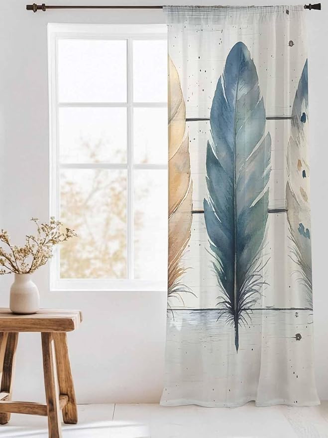 Sheer Curtains 96 Inches Long, Boho Blue Feathers Semi Sheer Curtains Light - Image 3