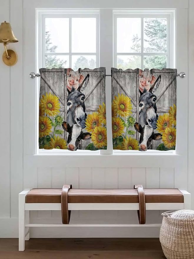 Farmhouse Half Window Curtain 36 Inches Long, Vintage Sunflowers Animals - Image 4
