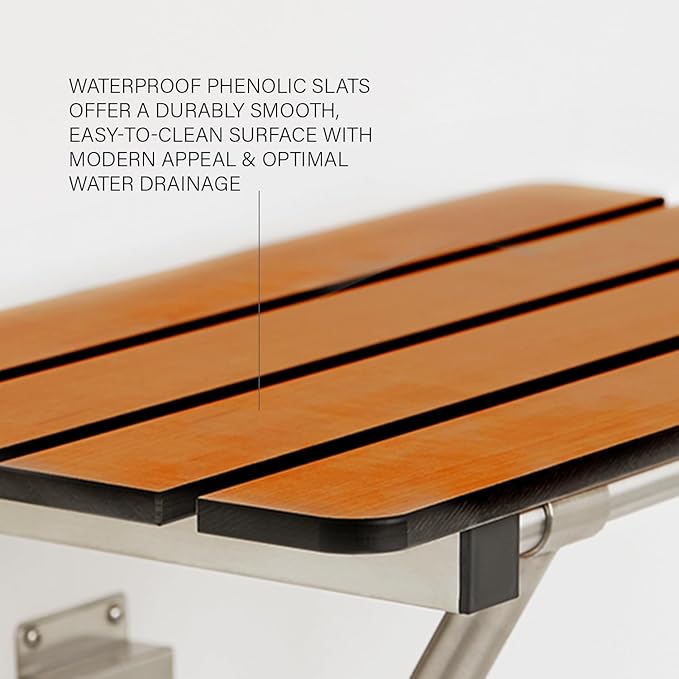 Seachrome 18-inch x 15-inch in ADA Folding Wall Mount Bathroom Shower Seat Bench, Teak Phenolic Seat