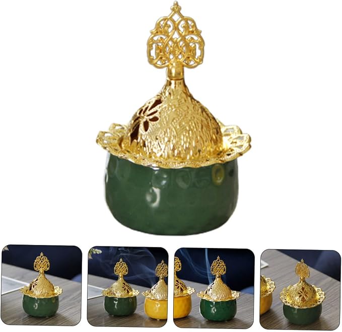European Style Small Green Ceramic Incense Burner Metal Censer - Image 9