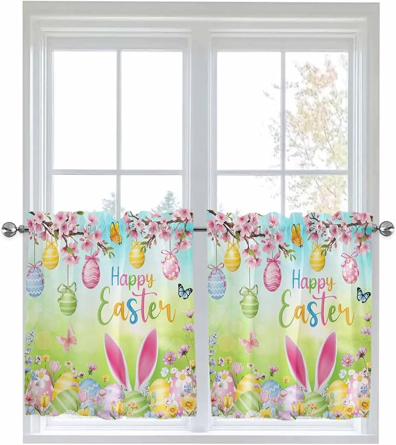 Easter Half Window Curtains 24 Inches Long, Spring Bunny Colorful Rabbit Eggs by Unknown