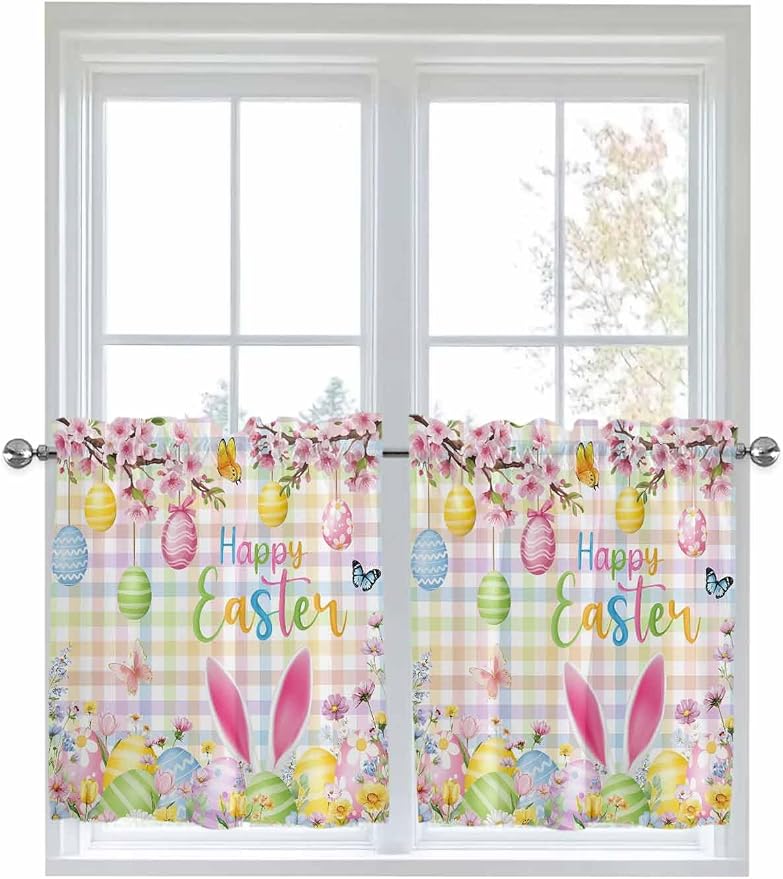Happy Easter Half Window Curtain 36 Inches Long, Spring Bunny Colorful Eggs by Unknown