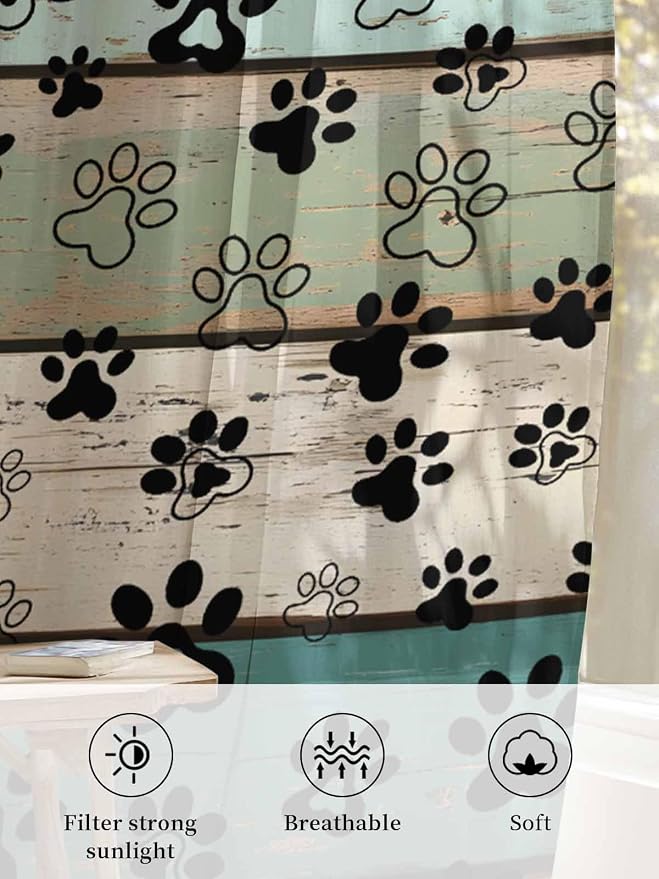 Sheer Curtains 84 Inches Long, Sage Green Brown Paw Prints Semi Sheer Curtains - Image 6