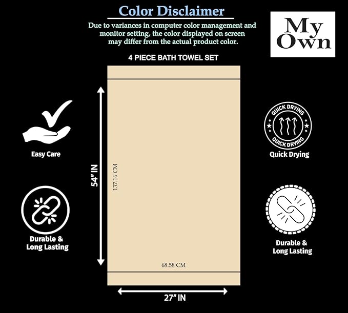 MyOwn Ultra Soft 4 Pack Oversized Bath Towel Set 27x54 inches, 100% Cotton Bath Towels, Highly Absorbant Compact Quickdry & Lightweight Towel, Ideal for Gym Travel Camp Pool - Charcoal Grey