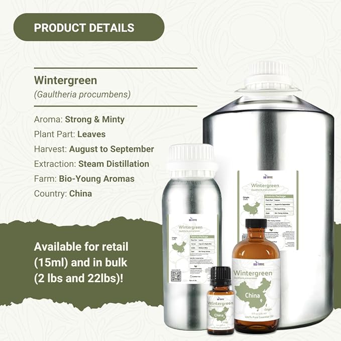 Wintergreen Essential Oil - Direct from Bio-Young Aromas China - Steam Distilled - Aceite de Gaulteria for Aromatherapy, Massage, Diffuser, DIY Candle and Soap Making - 8oz