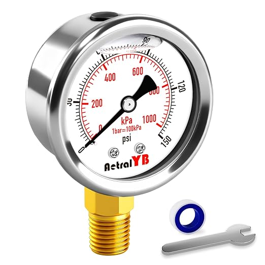 0-150 PSI Pressure Gauge, Liquid-Filled, Stainless Steel Case, Brass Internals by Unknown
