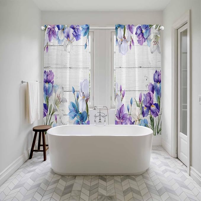 Spring Flowers Kitchen Curtains, Watercolor Garden Florals Wooden Grain Light - Image 5
