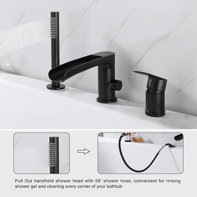 TapLong Waterfall Roman Tub Faucet with Hand Shower, Widespread Deck Mount Bathtub Faucet with Sprayer, Single-Handle 3-Holes Bathtub Shower Faucet Set in Matte Black, 03119B