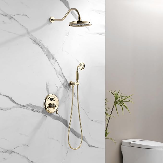 Antique Shower Head Faucet Set,Bright Gold Vintage Wall Mount Shower Faucets Combo With Handheld Spray,Bathroom Rainfall Shower System Trim Kit With Brass Pressure Balance Valve & 9''Shower Head