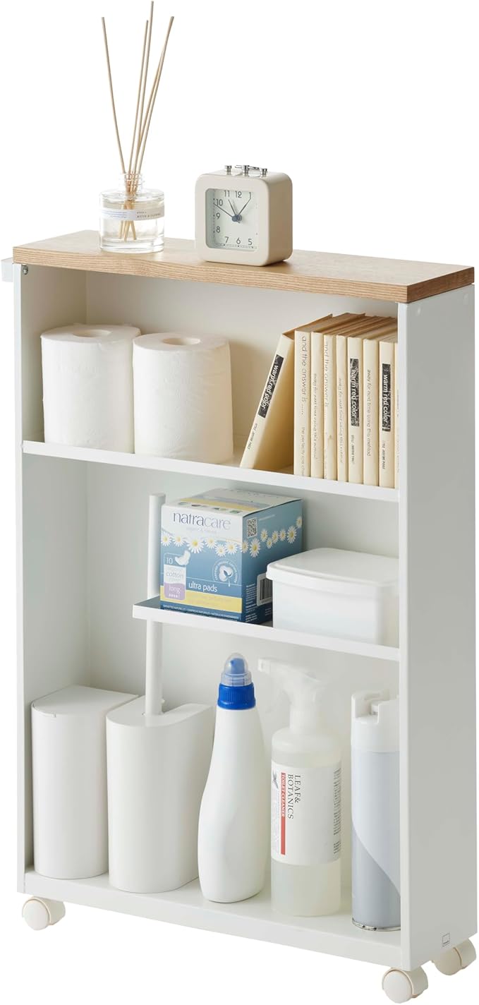 YAMAZAKI Home Slim Rolling Storage Cart – Narrow Bathroom Storage Cabinet with Handle, Slim Bathroom Storage Cart with Wheels, Easy Assembly, Steel + Wood, White, 27" - Steel -