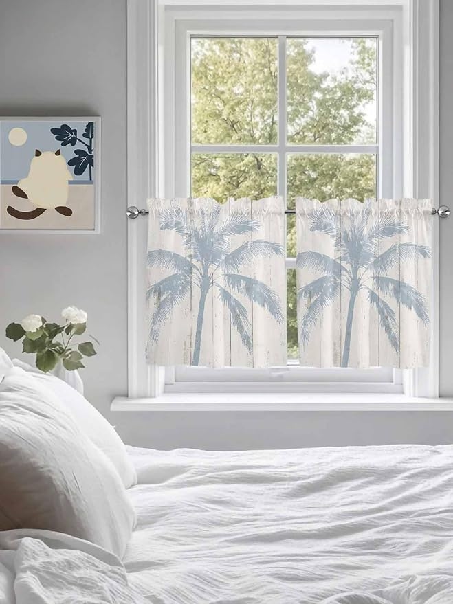 Summer Coconut Tree on Vintage Wood Grain Window Valance Curtains, Seaside - Image 4