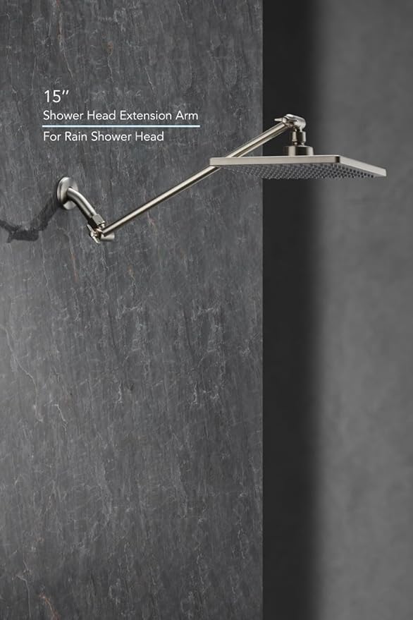 15 Inch Extra Long Adjustable Shower Head Extension Arm With Locking Set Screw, Singing Rain Brass Angle Height Adjustable, Easy To Install, G1/2 Universal Connector Compatible (Nickel Brushed)