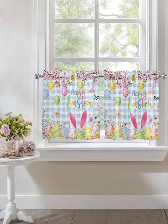 Happy Easter Half Window Curtains 24 Inches Long, Spring Watercolor Bunny Eggs - Image 7