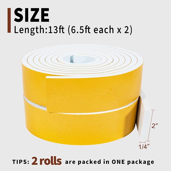 Yotache White Foam Weather Stripping 2" x1/4", Self Stick High Density Closed - Image 4