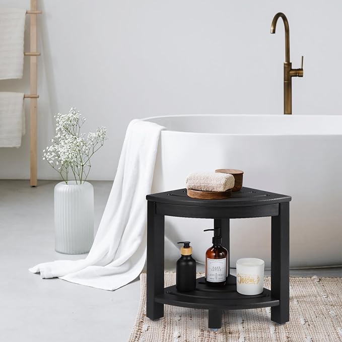 HDPE Corner Shower Stool,Shower Bench Seat with Storage Shelf for Shaving Legs Plastic Spa Bath Step Foot Rest for Bathroom Small Place (Black)