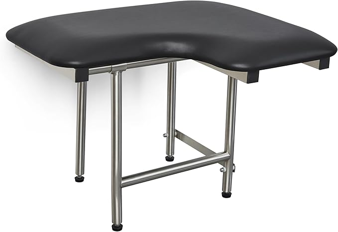 28" x 22.5" Black Padded Wall Mount Folding Left-Handed Transfer Bench Shower Seat with Legs, ADA Compliant